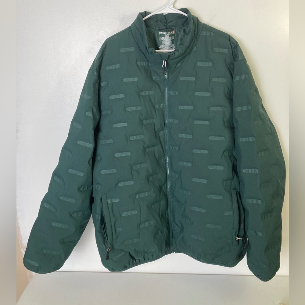 Men’s Green Front Zip Puffer Jacket w Zip Side Pockets, Cool Design. 3XL